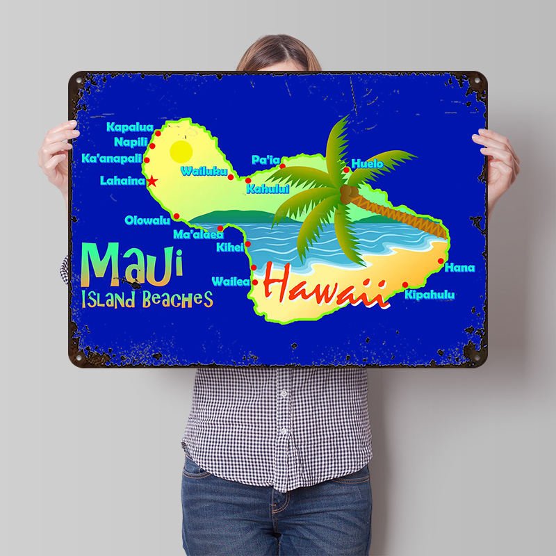 Retro Gaming Island - Maui Hawaii Island Beaches Map Tinplate
